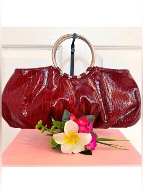 CHATEAU ~ Wine-Colored Croc Embossed Bag Silver Circular Handle Date Night